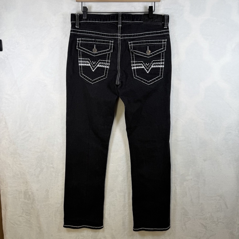 True Luck Thick White Stitch Stretch Black Denim Bermuda Jeans Men's 32x32